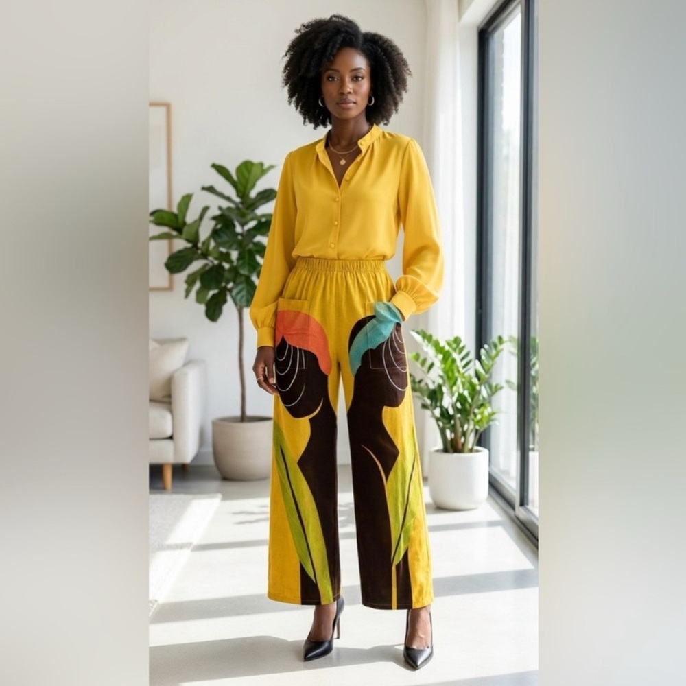 Afro Muse Wide-Leg Statement Pants | High-Waist Art Print Pants